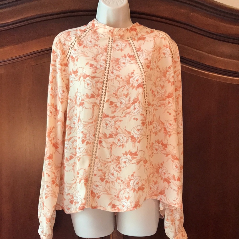 June & Hudson Ladies Floral Top Long sleeve sheer (1X) cream, orange and white